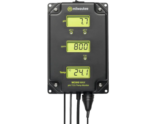 Milwaukee Logo. Messgerät zur Überwachung von pH-Wert, TDS und Temperatur mit digitalen Anzeigen.