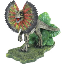 Dilophosaurus Dinosaurierfigur mit Halskrause und Pflanzen