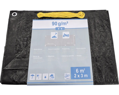 Schwarze Abdeckplane 2 x 3 Meter mit gelbem Seil