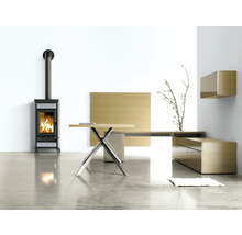 Wohnzimmer mit Kaminofen, Schreibtisch und Holzmöbeln in modernem Design