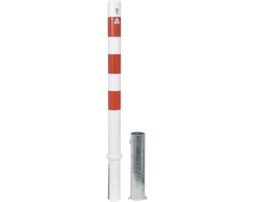 Absperrpfosten Stahlrohr Ø 76 mm x 2,6 mm herausnehmbar mit Profilzylinderschloß ohne Öse weiß-rot H = 1300 mm Absperrpfosten mit rot-weissen Streifen und Bodenhülse