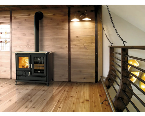 Innenraum mit Holzofen und Holzverkleidung