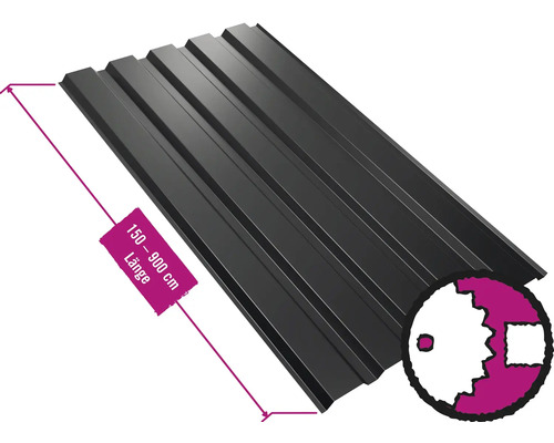 PRECIT Trapezplatte für Wand W35LA Tiefschwarz RAL 9005 Fix-Breite 1070 mm x Stärke 0,5 mm (Meterware ab 150 bis max. 900 cm)