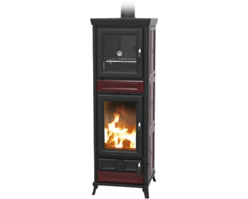 Kaminofen Thermorossi Anna Evo Gusseisen Keramik bordeaux 13,8 kW mit Wärmefach Kaminofen mit Backfach und Holzfeuer