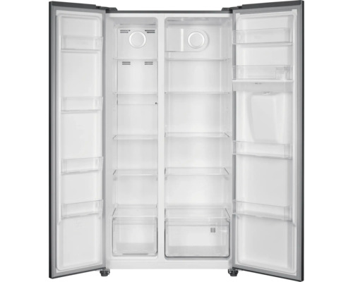 Geöffneter Side-by-Side Kühlschrank mit Regalen und Schubladen