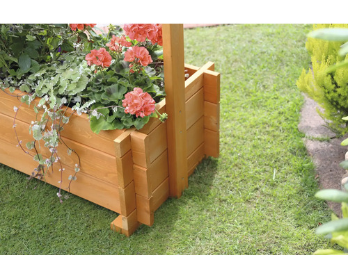 Holzpflanzkasten mit Blumen auf Rasen