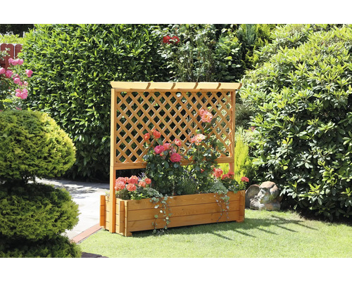 Holzblumenkasten mit Rankgitter im Garten