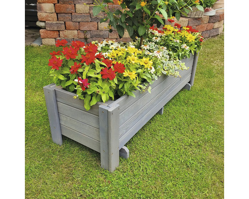 Blumenkasten aus Holz mit bunten Blumen bepflanzt auf Rasen