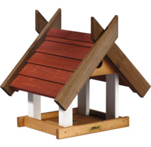 Vogelhaus aus Holz mit rotem Dach und Dōbar Logo