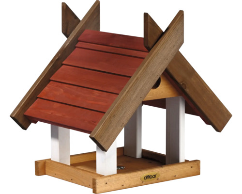 Vogelhaus dobar green label Vogelfutterhaus Herbstfrüchte für Ständermontage aus Holz, 36x28,5x33,5 cm Vogelhaus aus Holz mit rotem Dach und Dōbar Logo