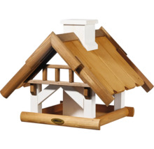 Vogelhaus aus Holz mit Dach und Futterschale