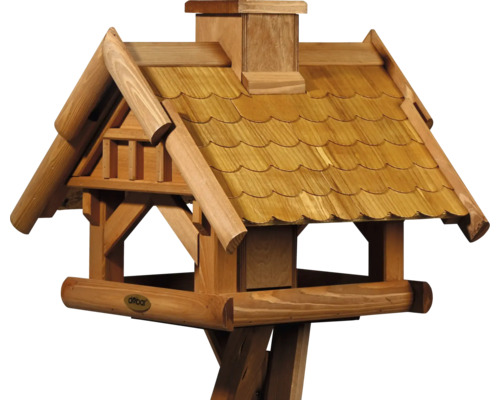 Vogelhaus aus Holz mit Schindeldach und Futterstelle