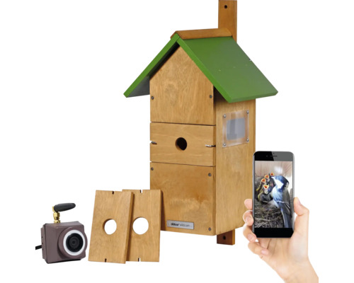 Nistkasten dobar Nisthöhle Karsten mit Spitzdach inkl. WiFi - Kamera ca. 25,5 x 22,5 x 53 cm mit austauschbaren Einfluglochgrößen Ø28 mm, Ø32 mm, Ø35 mm und Halbhöhle Vogelhaus mit Kamera, Smartphone und zusätzlichen Einfluglöchern