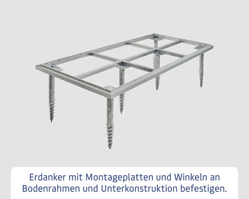 Erdanker zur Befestigung an Bodenrahmen und Unterkonstruktion mit Montageplatten und Winkeln