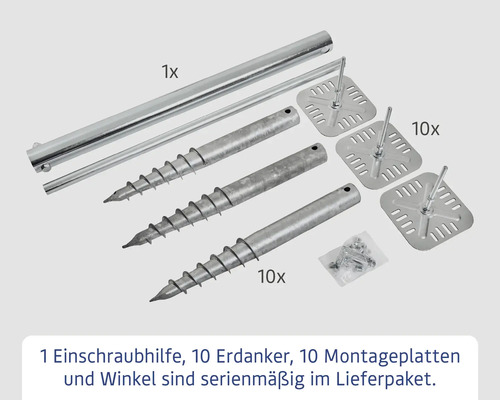 Set mit Einschraubhilfe, zehn Erdankern und zehn Montageplatten