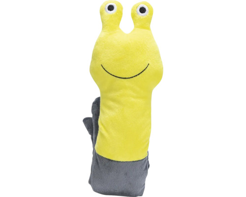 Gelber und grauer Kinderwaschhandschuh in Schneckenform