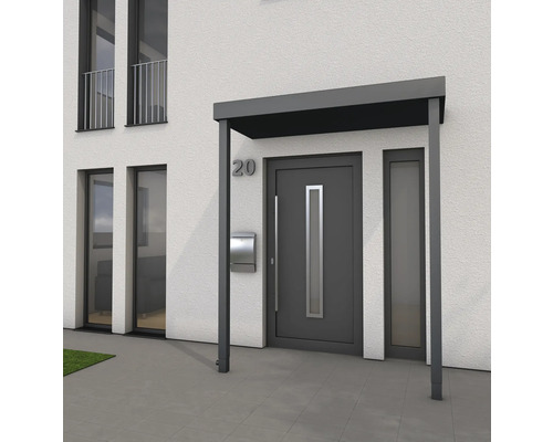 Gutta Vordach BS Plus 200 mit 2 Pfosten 200x90 cm Wasserablauf links Haustür mit Vordach vor einem Wohnhaus