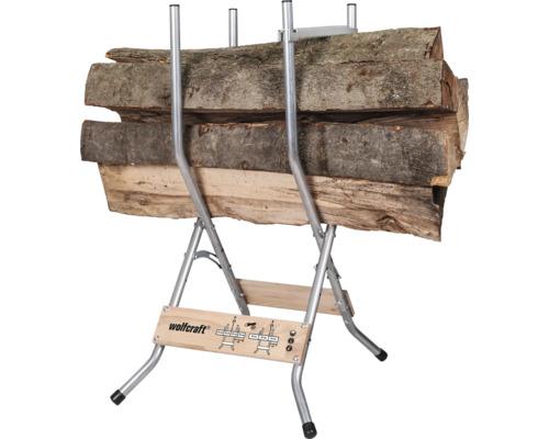 Wolfcraft Logo. Holzscheitbock mit Holz