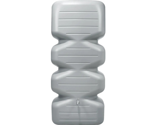 Grauer Regenwassertank mit Wasserhahn für die Gartenbewässerung