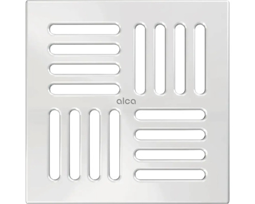 Quadratische Bodenablaufabdeckung mit Langlöchern und Alca Logo