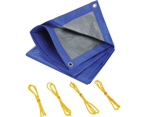 Blaue Abdeckplane mit Ösen und Befestigungsseilen