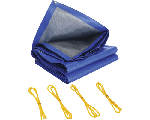 Blaue Abdeckplane mit Ösen und gelben Spannseilen