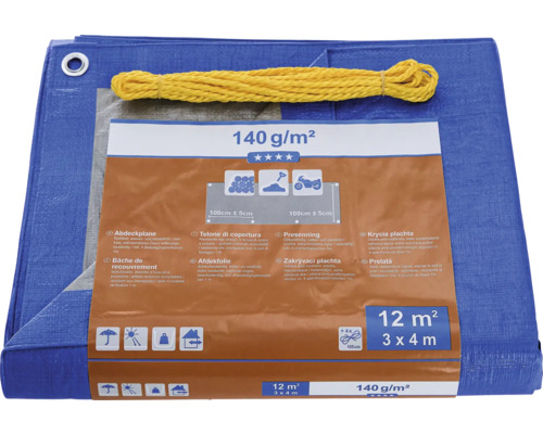 Blaue Abdeckplane mit gelbem Seil und Produktinformationen
