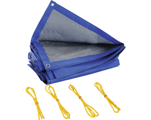 Blaue Gewebeplane mit Ösen und gelben Spannseilen