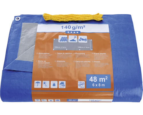 Blaue Abdeckplane mit einer Grammatur von 140 Gramm pro Quadratmeter und gelbem Seil