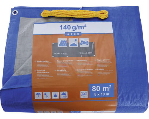 Blaue Abdeckplane mit einer Größe von 8 mal 10 Metern und einem Gewicht von 140 Gramm pro Quadratmeter.