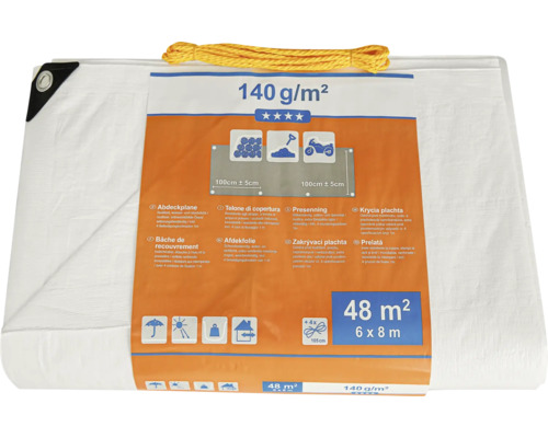 Weiße Abdeckplane, 6 mal 8 Meter, 140 Gramm pro Quadratmeter, inklusive Seil
