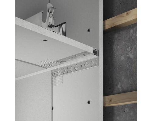 Detailaufnahme einer Deckenkonstruktion mit Gipskartonplatten und Metallprofilen