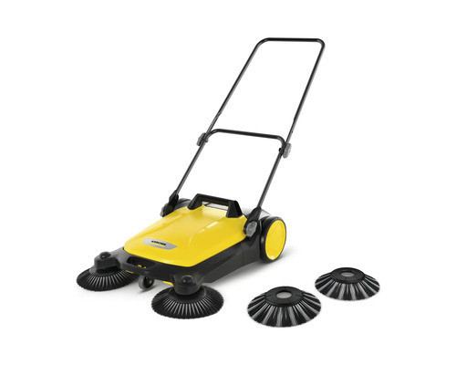 Gelbe Kehrmaschine mit Ersatzbürsten