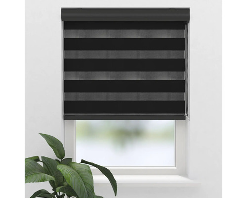 Fenster mit schwarzem Doppelrollo zur Lichtregulierung