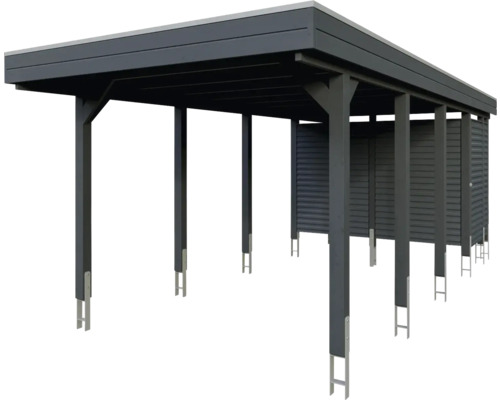 Carport aus Holz mit Flachdach und Seitenwänden