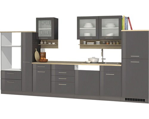 Held Möbel Küchenzeile Mailand 370 cm Frontfarbe grau hochglanz Korpusfarbe graphit zerlegt