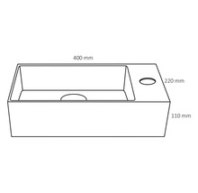 Skizze eines Waschtisches mit den Maßen 400 mm Breite, 220 mm Tiefe und 110 mm Höhe.