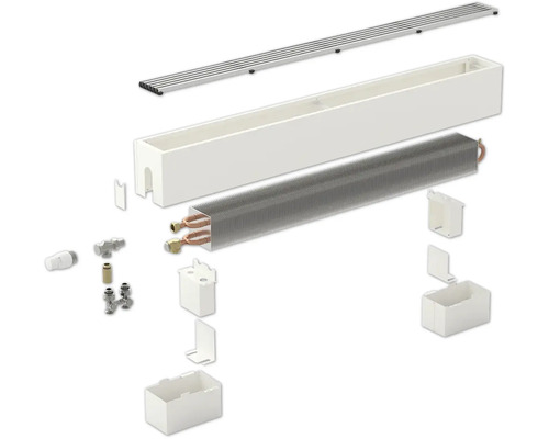 Explosionszeichnung eines Heizkörpers mit Abdeckung, Wärmetauscher und Anschlusskomponenten