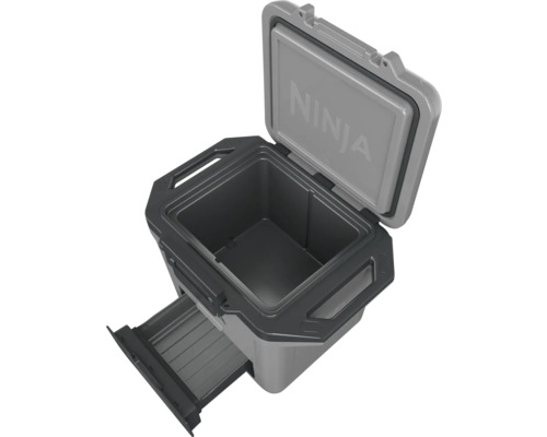 Geöffneter grauer Getränkekühler mit ausziehbarer Ablage