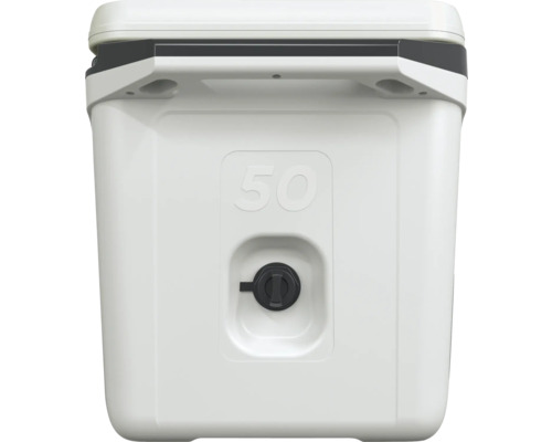 Weiße Kühlbox mit einem Fassungsvermögen von 50 Litern und einem Ablassventil.
