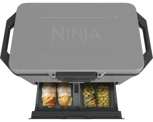Graue Ninja Kühlbox mit herausziehbaren Fächern, gefüllt mit Sandwiches und eingelegten Gurken