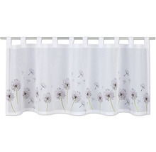 Transparente Scheibengardine mit aufgedrucktem Pusteblumen-Motiv und Schlaufen zur Befestigung.