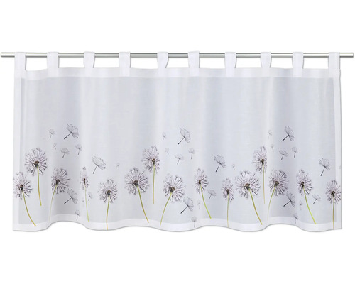 Transparente Scheibengardine mit aufgedrucktem Pusteblumen-Motiv und Schlaufen zur Befestigung.