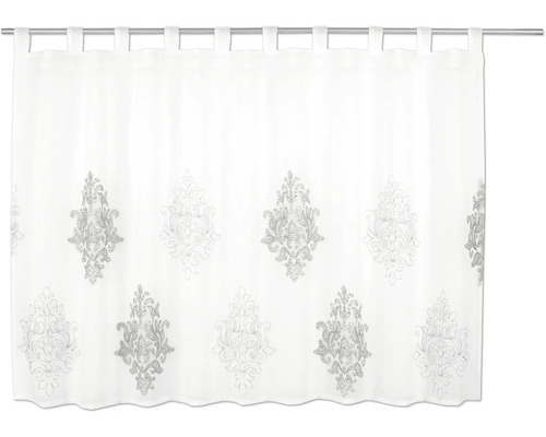 Weiße Scheibengardine mit silbernem Ornament-Muster und Schlaufen-Aufhängung.