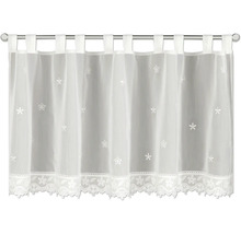 Weiße, transparente Bistrogardine mit Blumenmotiven, Schlaufenaufhängung und dekorativer Spitzenkante am unteren Saum.