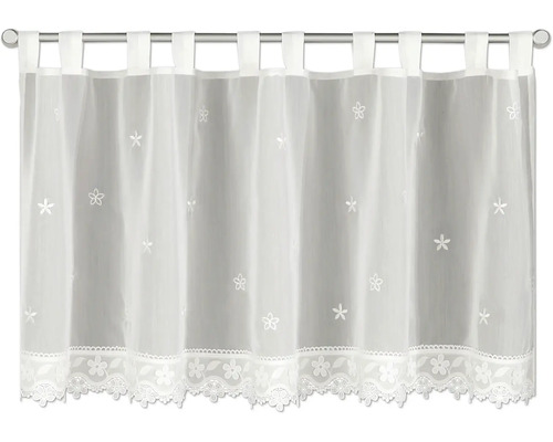 Weiße, transparente Bistrogardine mit Blumenmotiven, Schlaufenaufhängung und dekorativer Spitzenkante am unteren Saum.