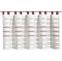 Schlaufenschal mit horizontalen Streifen in Weiß und Rot, halbtransparenter Stoff.