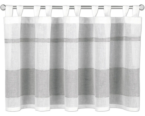 Transparente Bistrogardine mit Schlaufen und grauen Querstreifen auf einer Gardinenstange.