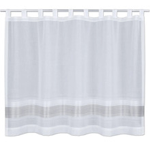 Weiße, transparente Scheibengardine mit Schlaufen und horizontalen Streifen im unteren Bereich.