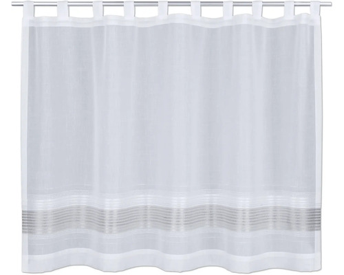 Weiße, transparente Scheibengardine mit Schlaufen und horizontalen Streifen im unteren Bereich.